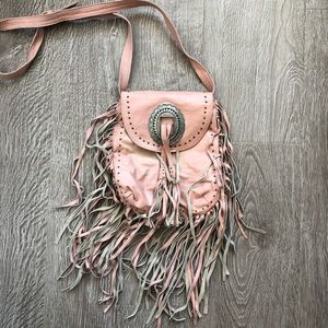 CLEOBELLA Pink Leather Fringe Studded Crossbody